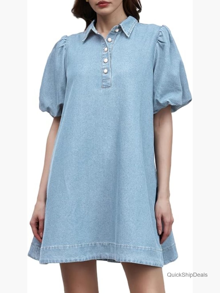 Puff Sleeve Babydoll Denim Mini Dress Button Down Jean Romper Flowy